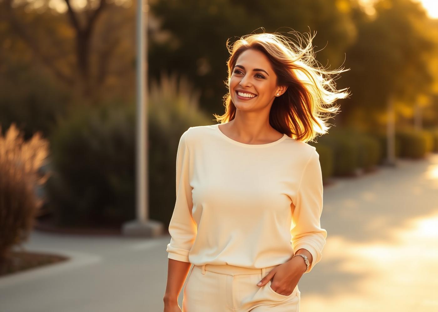 Mulher sorridente e livre caminhando na luz dourada do fim de tarde